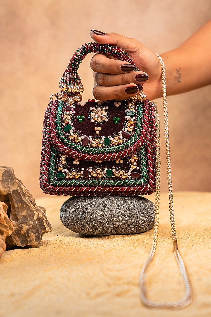 Maroon Silk Bead & Floral Embroidered Hand Bag by Nayaab by Sonia at Pernia's Pop Up Shop