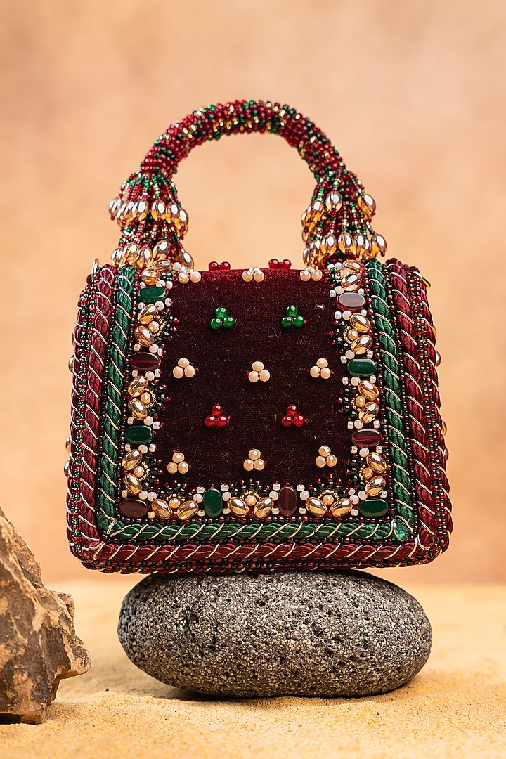 Maroon Silk Bead & Floral Embroidered Hand Bag by Nayaab by Sonia at Pernia's Pop Up Shop