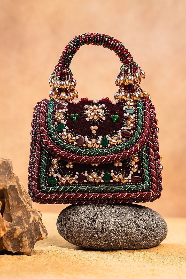 Maroon Silk Bead & Floral Embroidered Hand Bag by Nayaab by Sonia at Pernia's Pop Up Shop