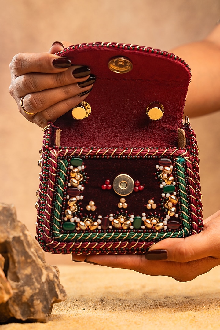 Maroon Silk Bead & Floral Embroidered Hand Bag by Nayaab by Sonia at Pernia's Pop Up Shop