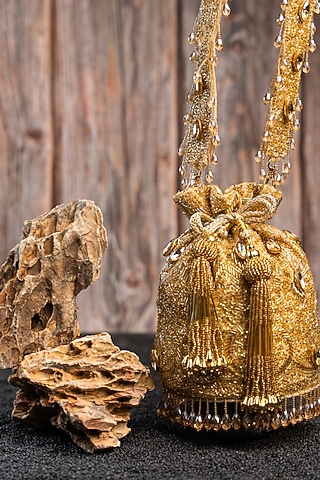 Gold Silk Sequins Hand Embroidered Potli by Nayaab by Sonia
