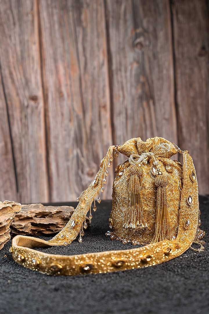 Gold Silk Sequins Hand Embroidered Potli by Nayaab by Sonia at Pernia's Pop Up Shop