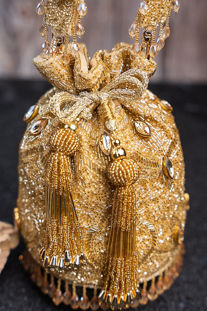 Gold Silk Sequins Hand Embroidered Potli by Nayaab by Sonia at Pernia's Pop Up Shop