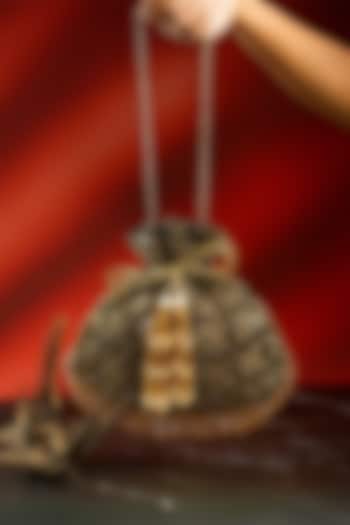 Black & Antique Gold Velvet Embroidered Potli by Nayaab by Sonia at Pernia's Pop Up Shop