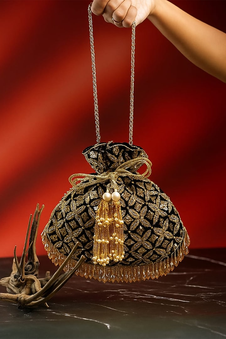 Black & Antique Gold Velvet Embroidered Potli by Nayaab by Sonia at Pernia's Pop Up Shop