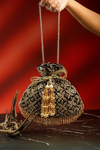 Black & Antique Gold Velvet Embroidered Potli by Nayaab by Sonia