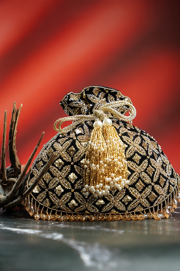 Black & Antique Gold Velvet Embroidered Potli by Nayaab by Sonia at Pernia's Pop Up Shop