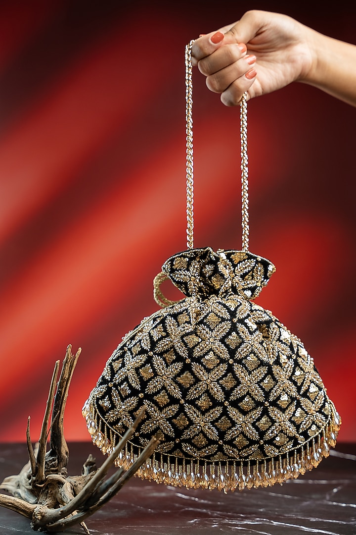 Black & Antique Gold Velvet Embroidered Potli by Nayaab by Sonia at Pernia's Pop Up Shop