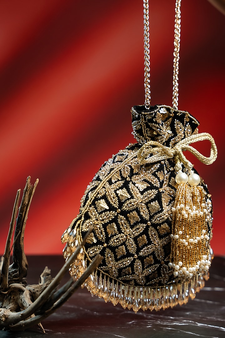 Black & Antique Gold Velvet Embroidered Potli by Nayaab by Sonia at Pernia's Pop Up Shop