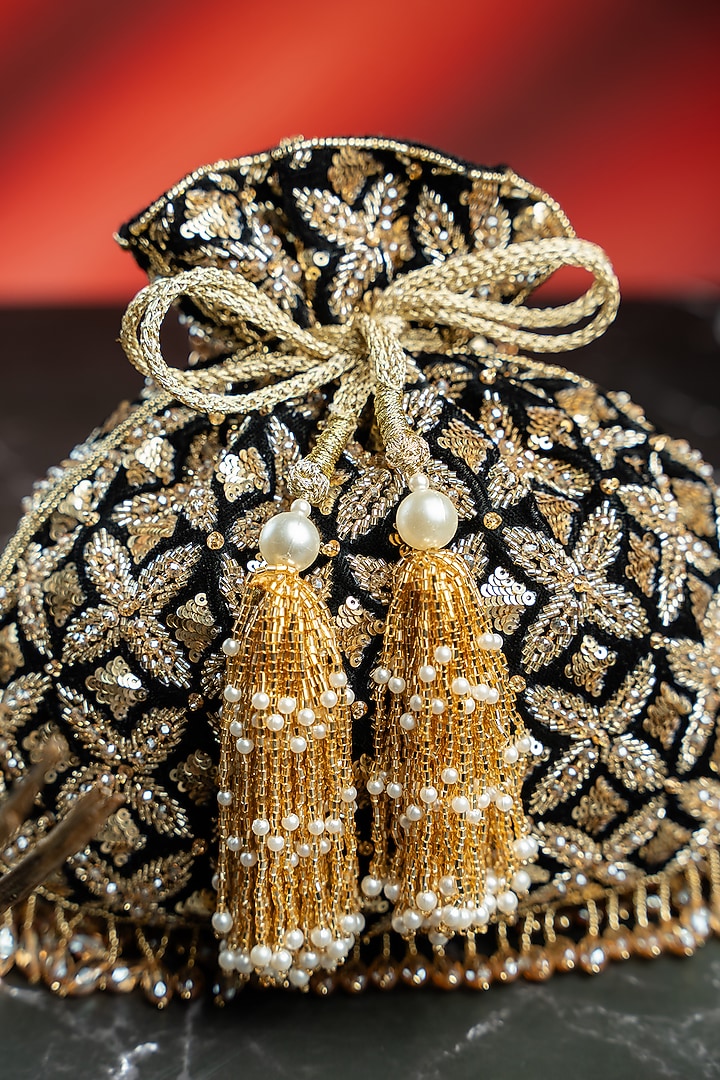 Black & Antique Gold Velvet Embroidered Potli by Nayaab by Sonia at Pernia's Pop Up Shop