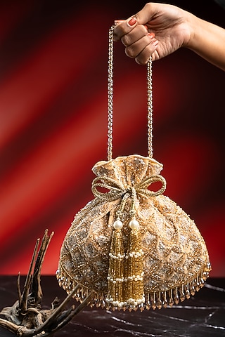 Light Gold Velvet Bead Embroidered Potli by Nayaab by Sonia