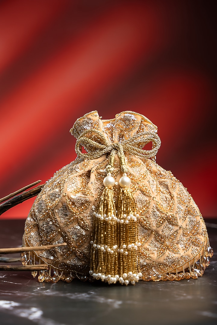 Light Gold Velvet Bead Embroidered Potli by Nayaab by Sonia at Pernia's Pop Up Shop