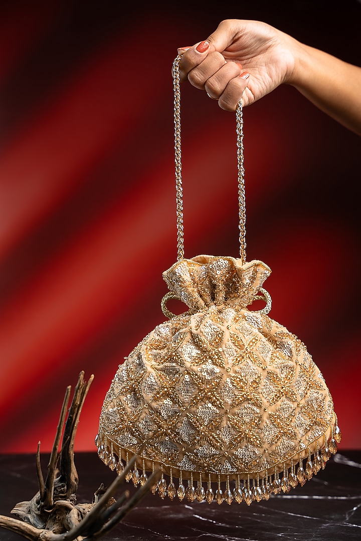 Light Gold Velvet Bead Embroidered Potli by Nayaab by Sonia at Pernia's Pop Up Shop