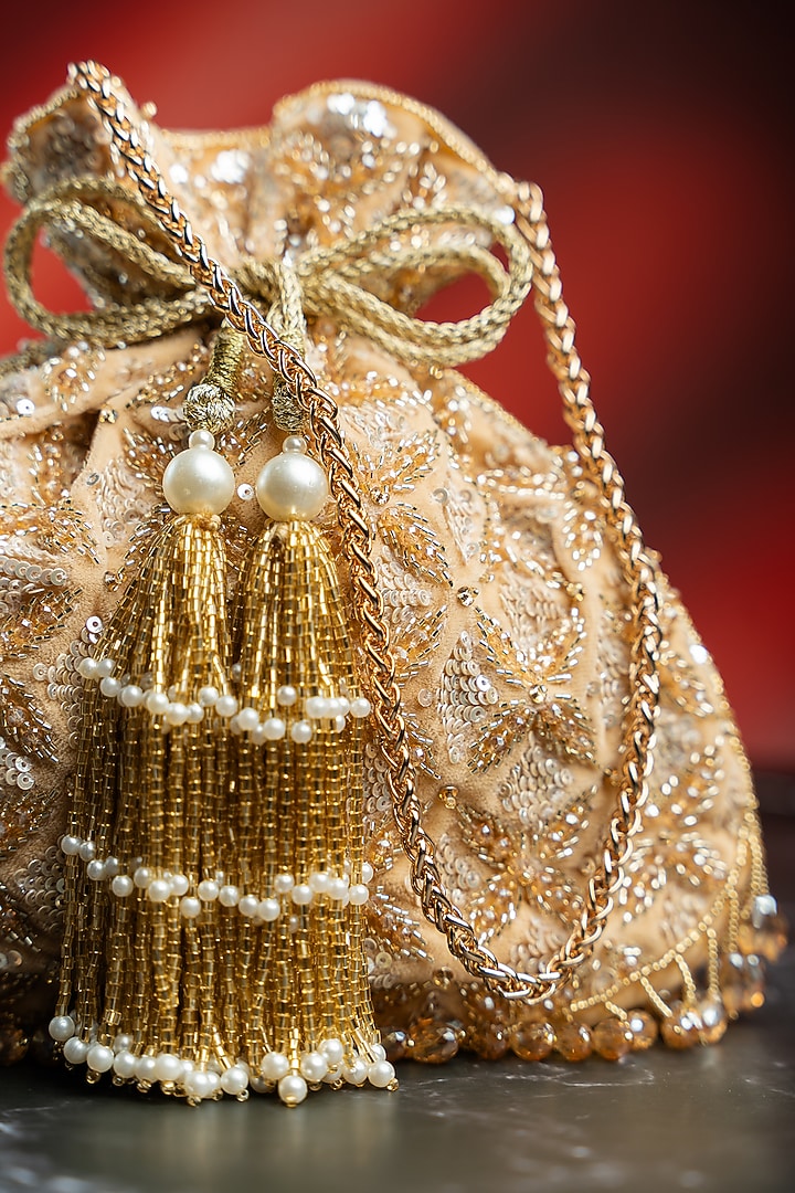 Light Gold Velvet Bead Embroidered Potli by Nayaab by Sonia at Pernia's Pop Up Shop