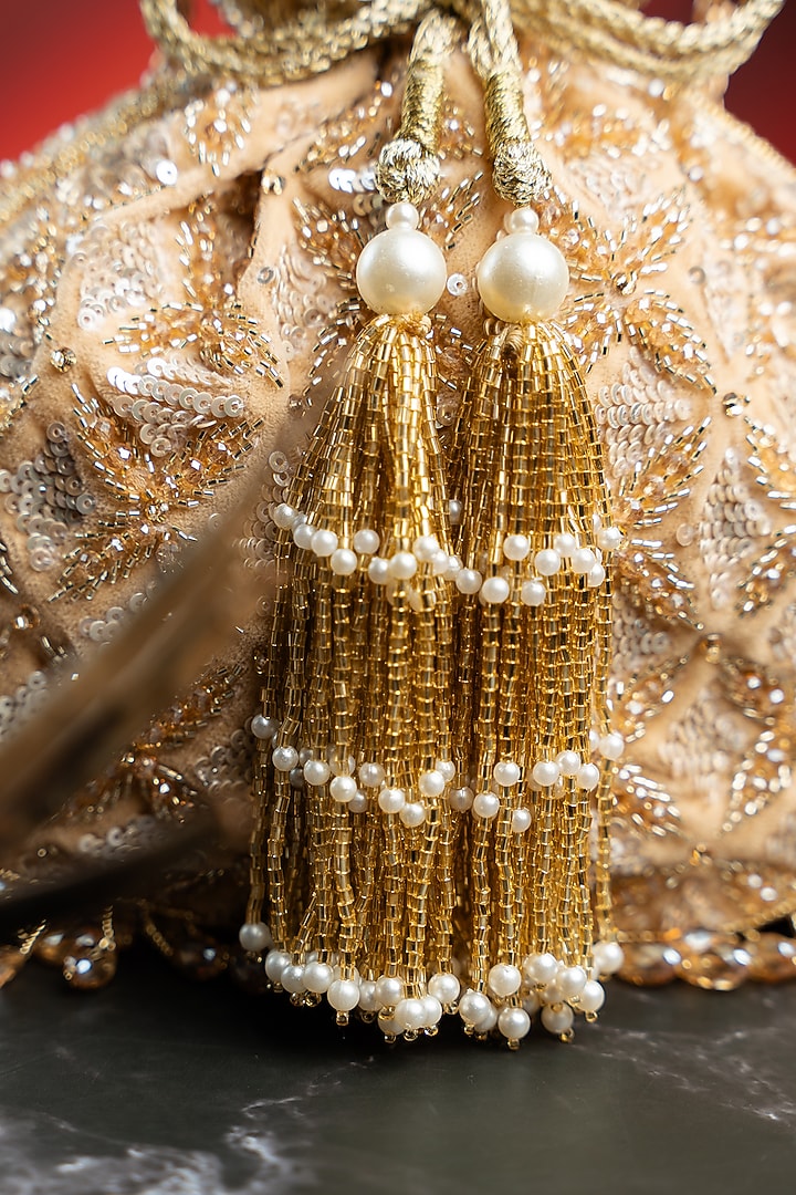 Light Gold Velvet Bead Embroidered Potli by Nayaab by Sonia at Pernia's Pop Up Shop