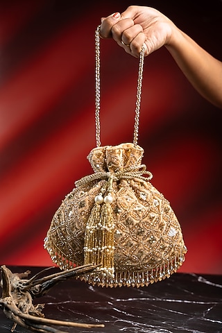 Gold Velvet Bead Hand Embroidered Potli by Nayaab by Sonia
