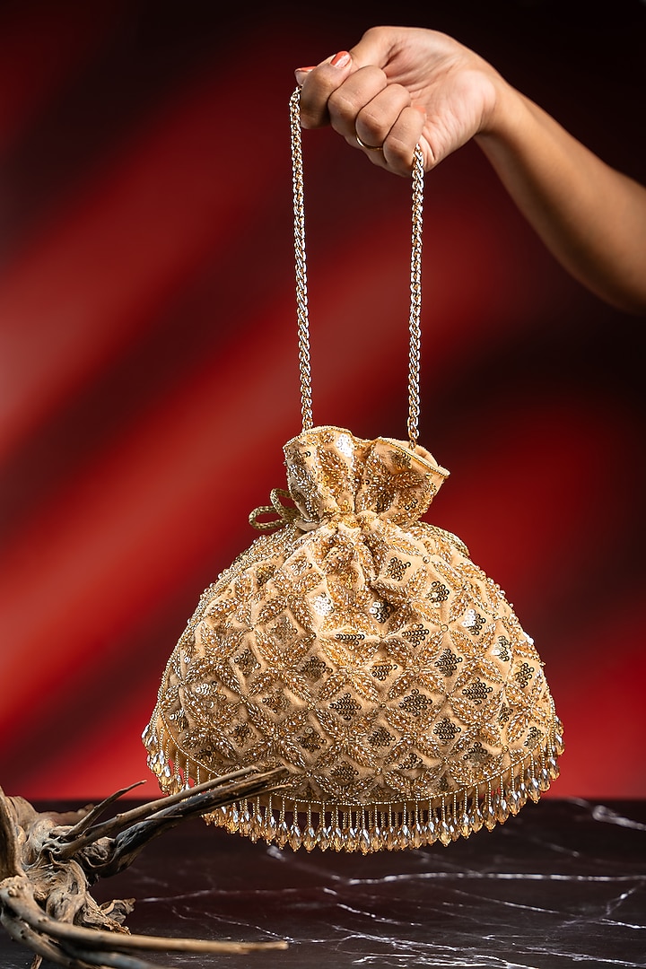 Gold Velvet Bead Hand Embroidered Potli by Nayaab by Sonia at Pernia's Pop Up Shop