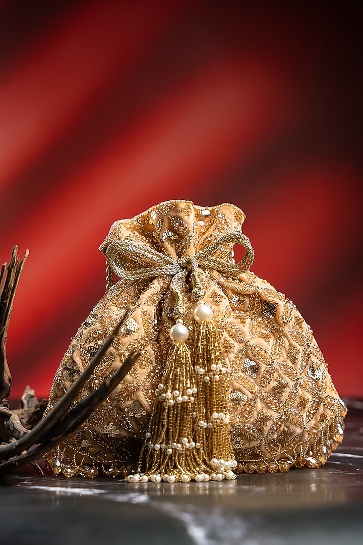 Gold Velvet Bead Hand Embroidered Potli by Nayaab by Sonia at Pernia's Pop Up Shop