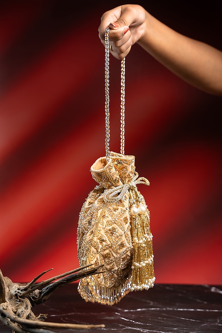 Gold Velvet Bead Hand Embroidered Potli by Nayaab by Sonia at Pernia's Pop Up Shop
