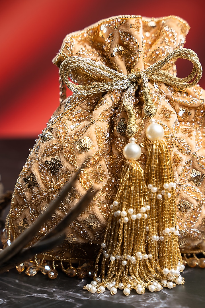 Gold Velvet Bead Hand Embroidered Potli by Nayaab by Sonia at Pernia's Pop Up Shop