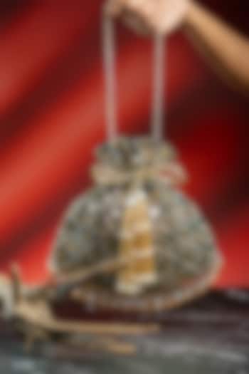 Emerald Green & Antique Gold Velvet Embroidered Potli by Nayaab by Sonia at Pernia's Pop Up Shop