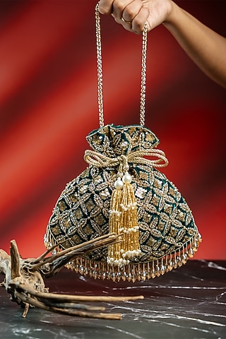 Emerald Green & Antique Gold Velvet Embroidered Potli by Nayaab by Sonia