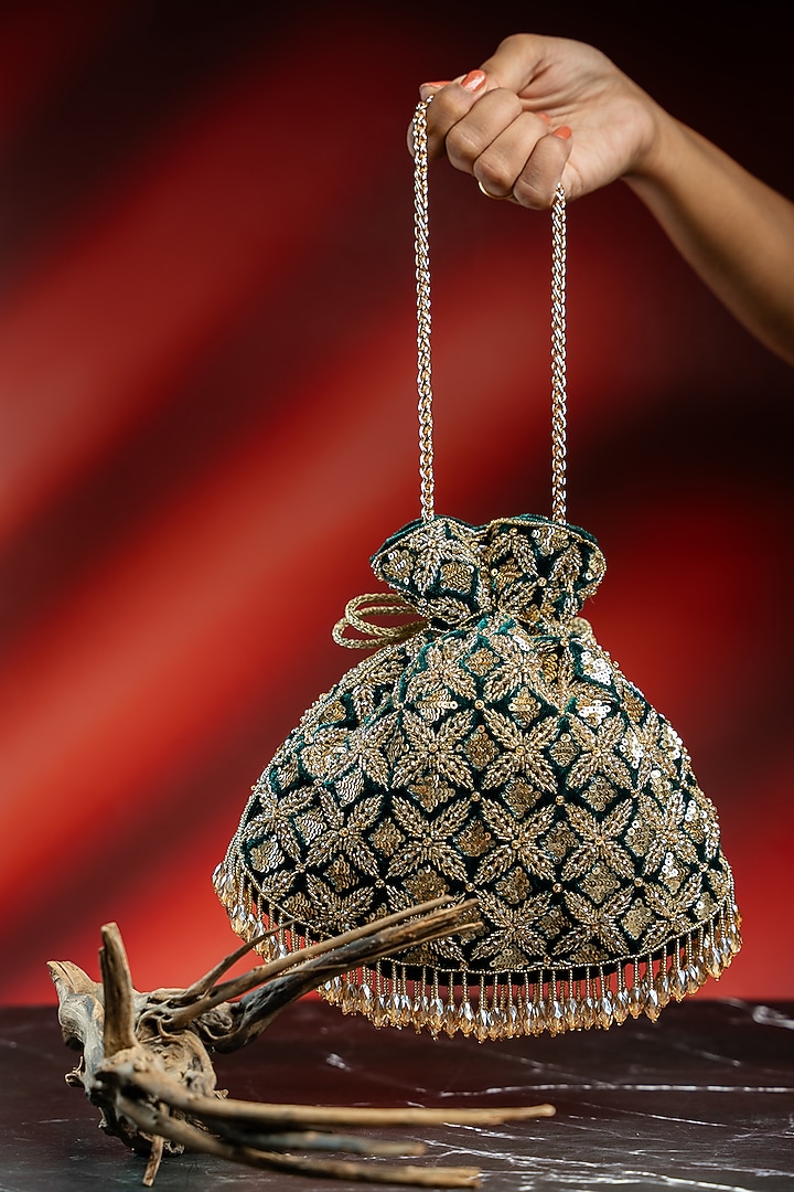 Emerald Green & Antique Gold Velvet Embroidered Potli by Nayaab by Sonia at Pernia's Pop Up Shop