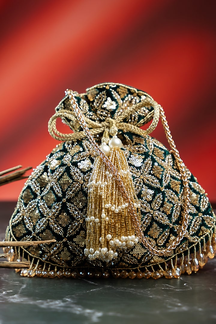 Emerald Green & Antique Gold Velvet Embroidered Potli by Nayaab by Sonia at Pernia's Pop Up Shop