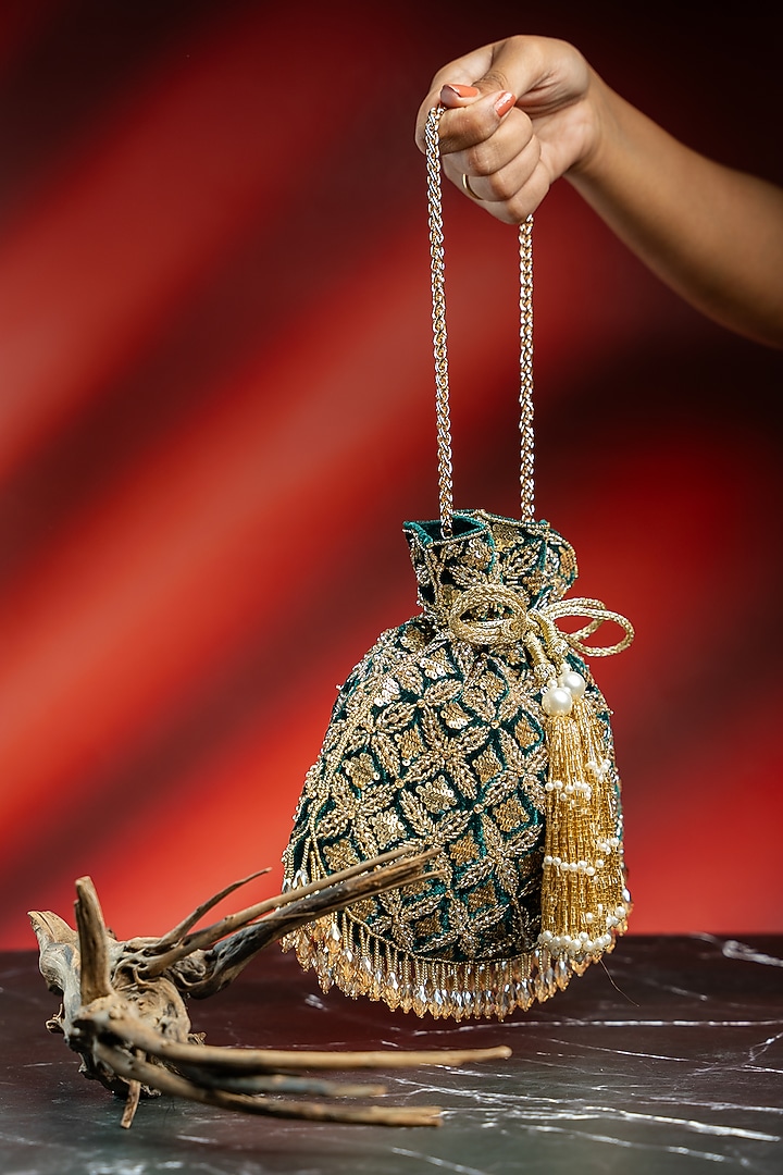 Emerald Green & Antique Gold Velvet Embroidered Potli by Nayaab by Sonia at Pernia's Pop Up Shop