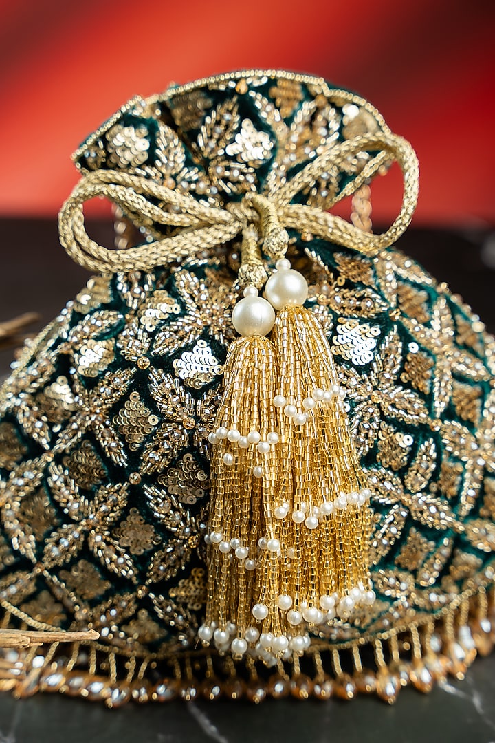 Emerald Green & Antique Gold Velvet Embroidered Potli by Nayaab by Sonia at Pernia's Pop Up Shop