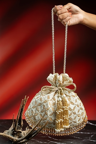 Ivory & Gold Velvet Bead Hand Embroidered Potli by Nayaab by Sonia