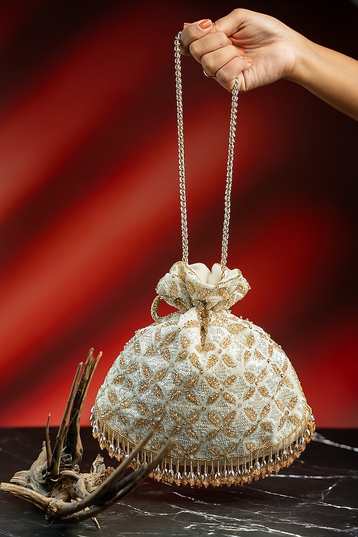 Ivory & Gold Velvet Bead Hand Embroidered Potli by Nayaab by Sonia at Pernia's Pop Up Shop