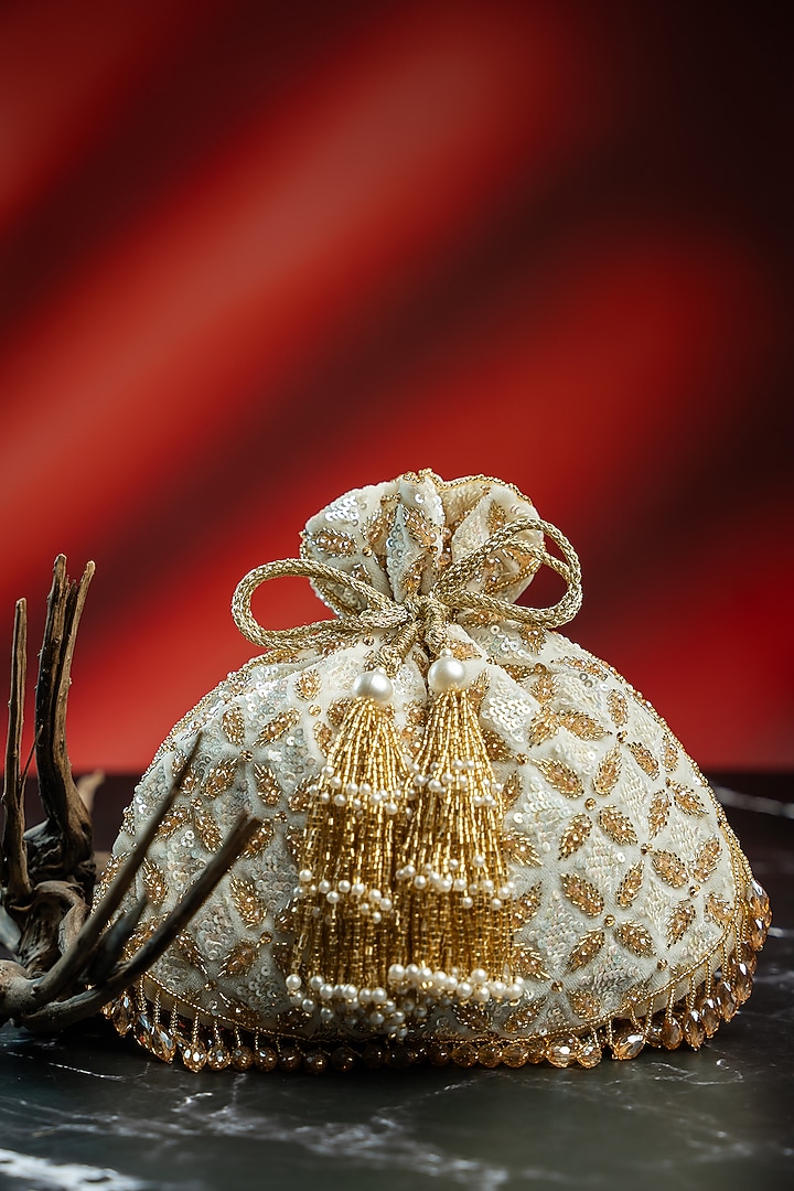 Ivory & Gold Velvet Bead Hand Embroidered Potli by Nayaab by Sonia at Pernia's Pop Up Shop