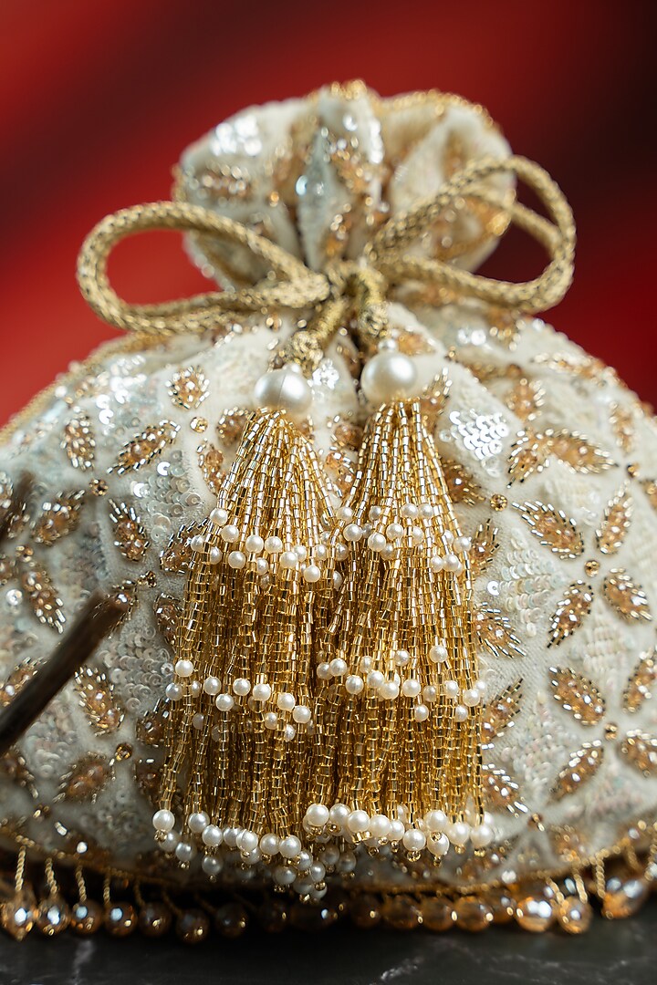 Ivory & Gold Velvet Bead Hand Embroidered Potli by Nayaab by Sonia at Pernia's Pop Up Shop