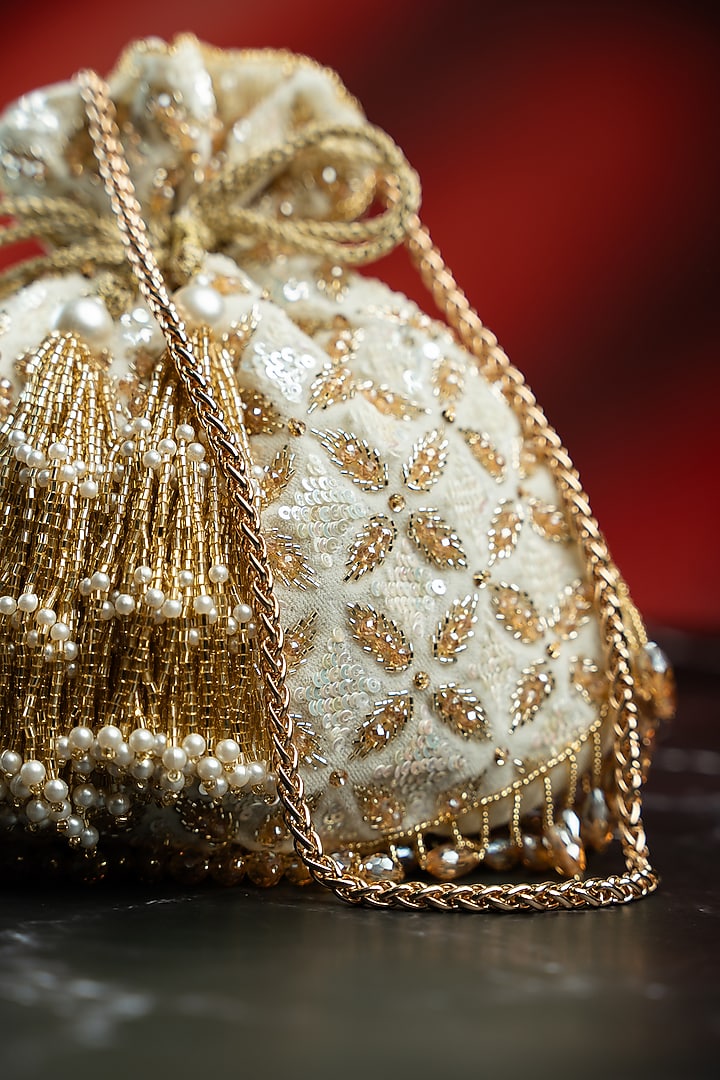 Ivory & Gold Velvet Bead Hand Embroidered Potli by Nayaab by Sonia at Pernia's Pop Up Shop