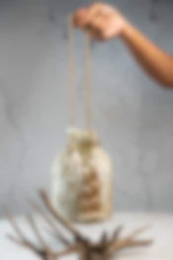 Off-White Jute Sequins & Bead Embroidered Bucket Bag by Nayaab by Sonia at Pernia's Pop Up Shop