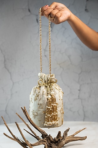 Off-White Jute Sequins & Bead Embroidered Bucket Bag by Nayaab by Sonia