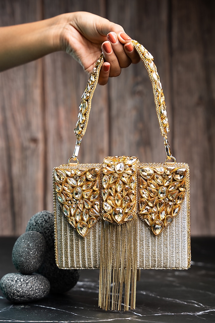 Gold Metallic Chain & Stone Work Clutch by Nayaab by Sonia at Pernia's Pop Up Shop