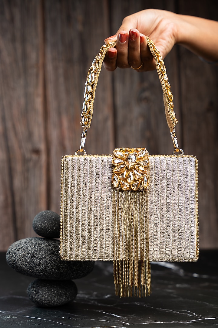 Gold Metallic Chain & Stone Work Clutch by Nayaab by Sonia at Pernia's Pop Up Shop