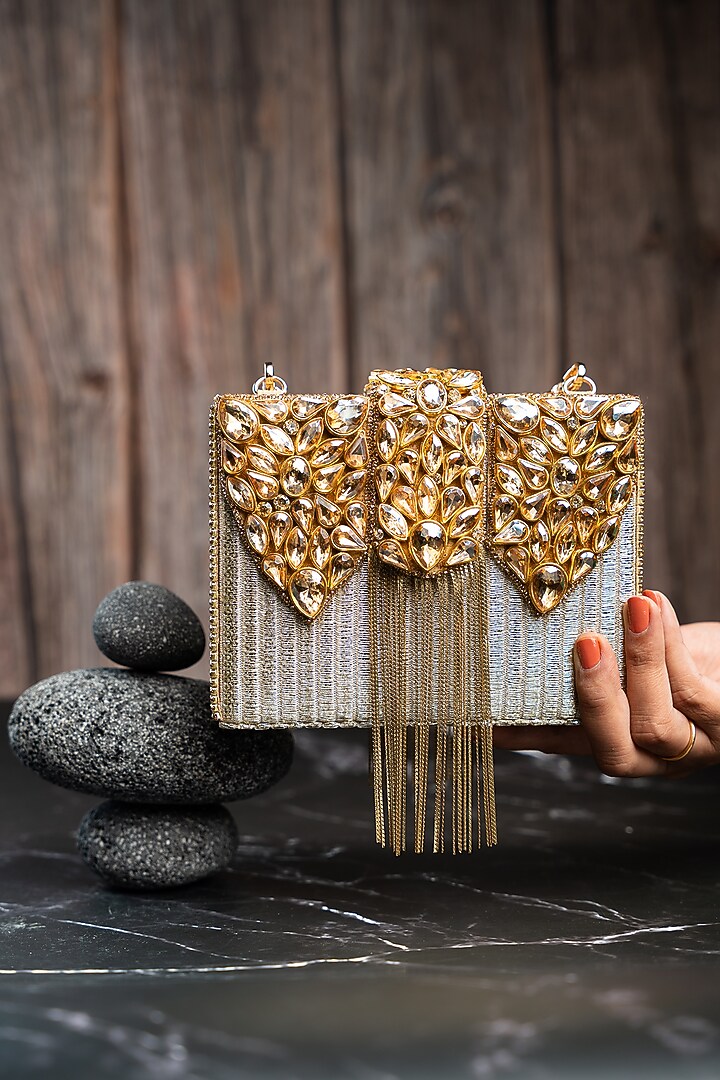 Gold Metallic Chain & Stone Work Clutch by Nayaab by Sonia at Pernia's Pop Up Shop