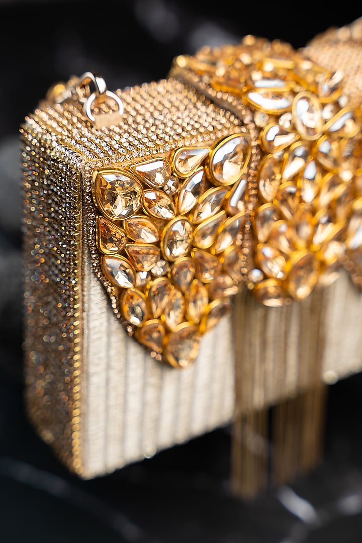Gold Metallic Chain & Stone Work Clutch by Nayaab by Sonia at Pernia's Pop Up Shop