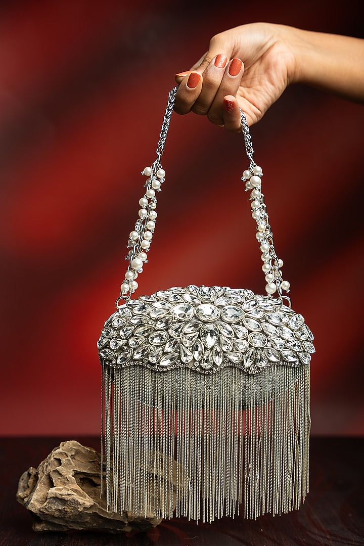 Silver Metallic Chain & Stone Work Clutch by Nayaab by Sonia at Pernia's Pop Up Shop