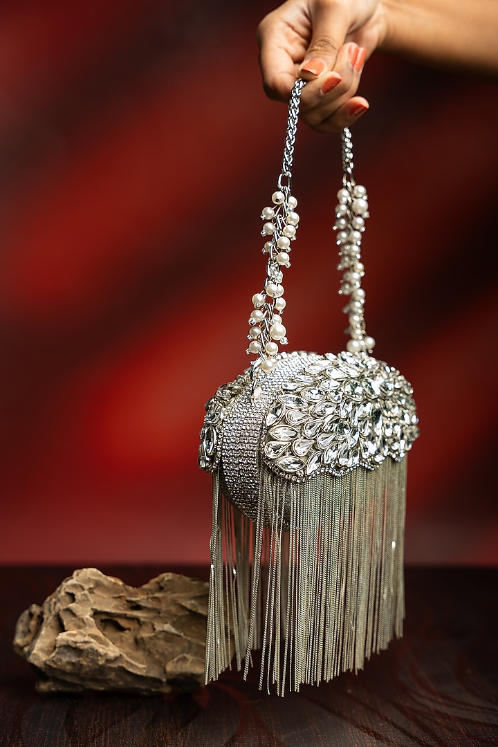 Silver Metallic Chain & Stone Work Clutch by Nayaab by Sonia at Pernia's Pop Up Shop