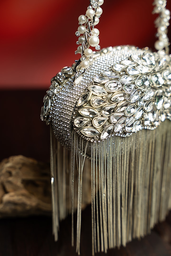 Silver Metallic Chain & Stone Work Clutch by Nayaab by Sonia at Pernia's Pop Up Shop