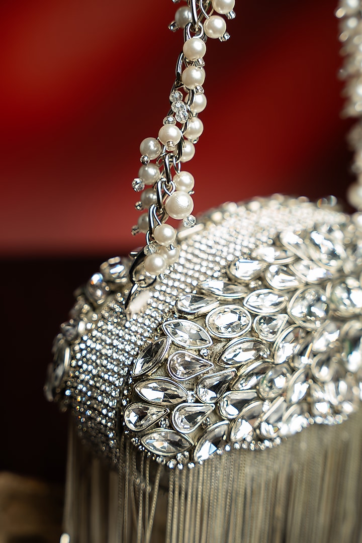 Silver Metallic Chain & Stone Work Clutch by Nayaab by Sonia at Pernia's Pop Up Shop