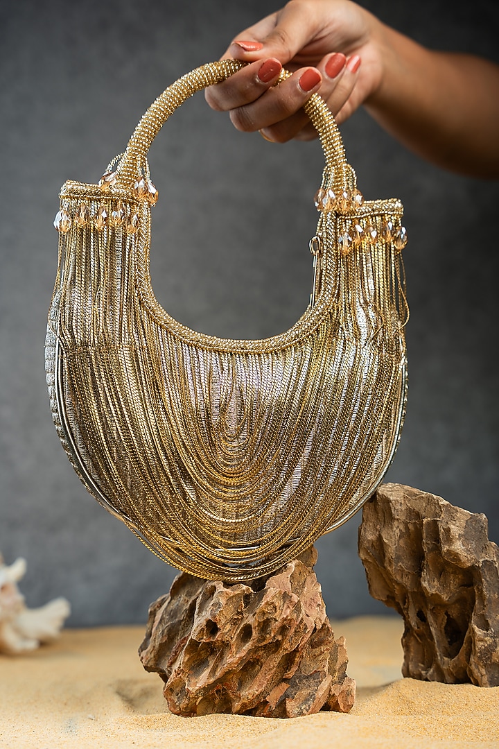 Gold Metallic Chain Boat-Shaped Bag by Nayaab by Sonia at Pernia's Pop Up Shop
