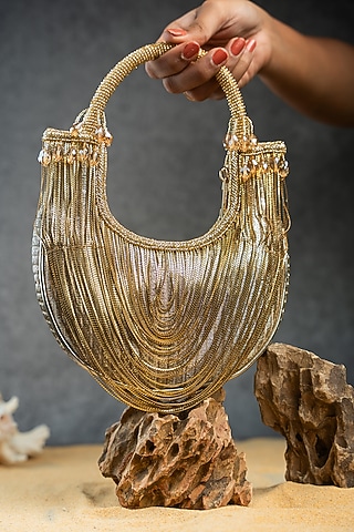 Gold Metallic Chain Boat-Shaped Bag by Nayaab by Sonia