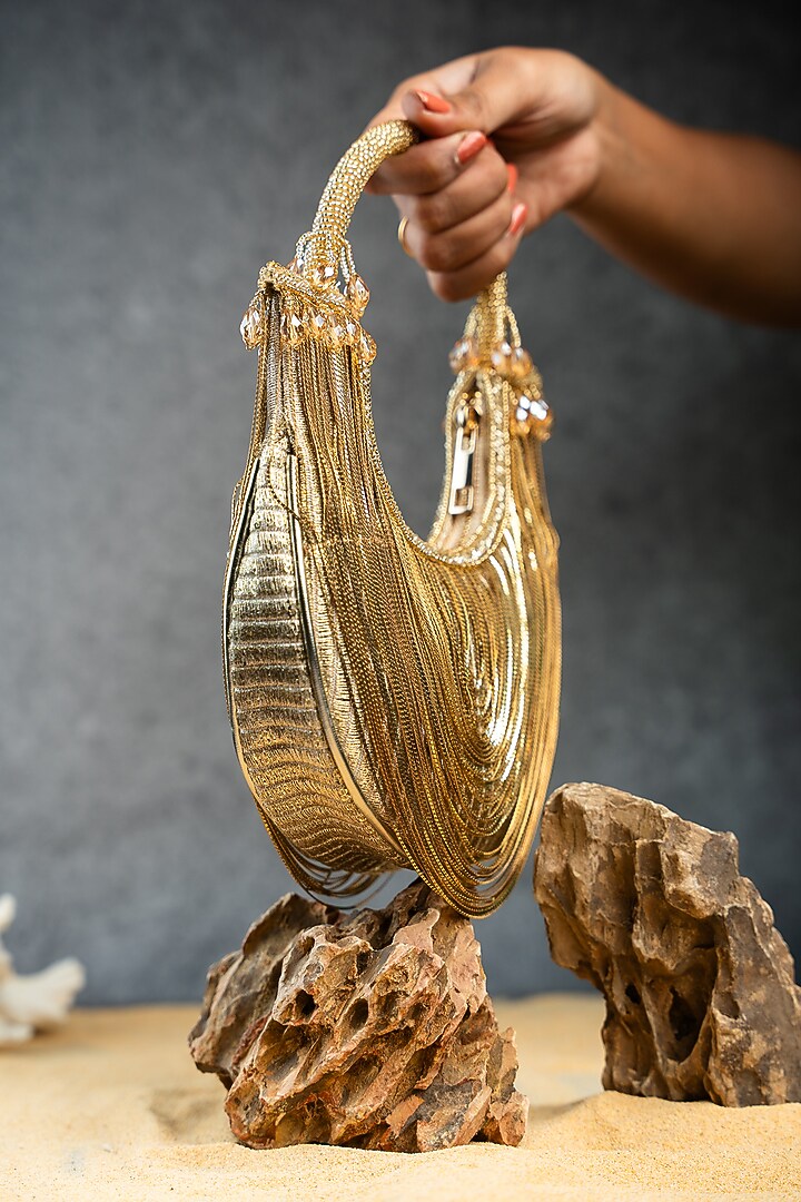 Gold Metallic Chain Boat-Shaped Bag by Nayaab by Sonia at Pernia's Pop Up Shop