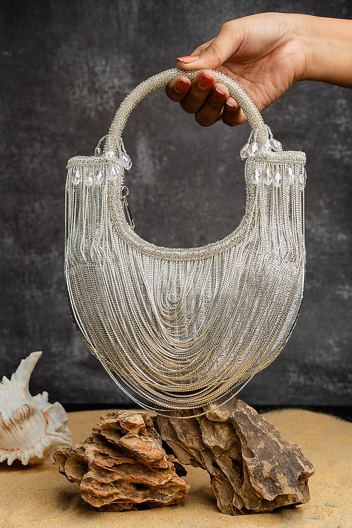 Silver Metallic Chain Boat-Shaped Bag by Nayaab by Sonia at Pernia's Pop Up Shop