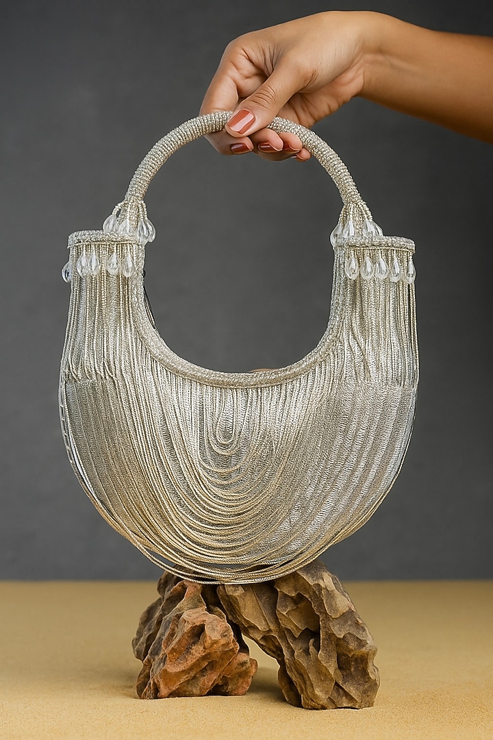 Silver Metallic Chain Boat-Shaped Bag by Nayaab by Sonia at Pernia's Pop Up Shop